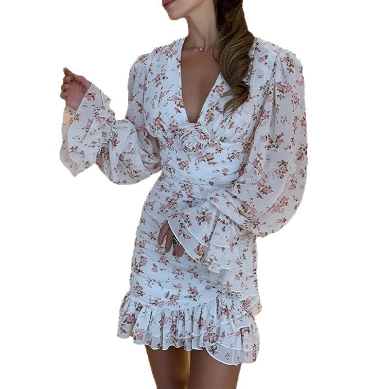 summer new arrivals: cross-border european & american women's fashion - french vintage floral print v-neck long sleeve cinched waist mini dress