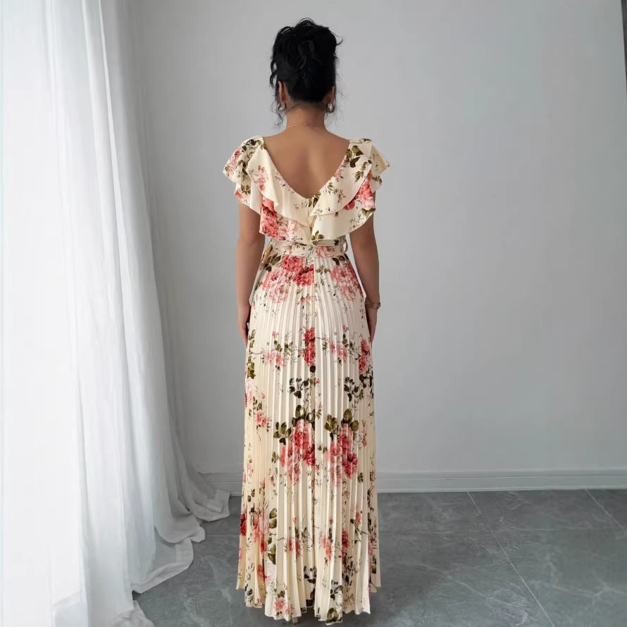 floral bubble sleeve french chic v-neck fitted waist maxi dress - printed floral summer dress
