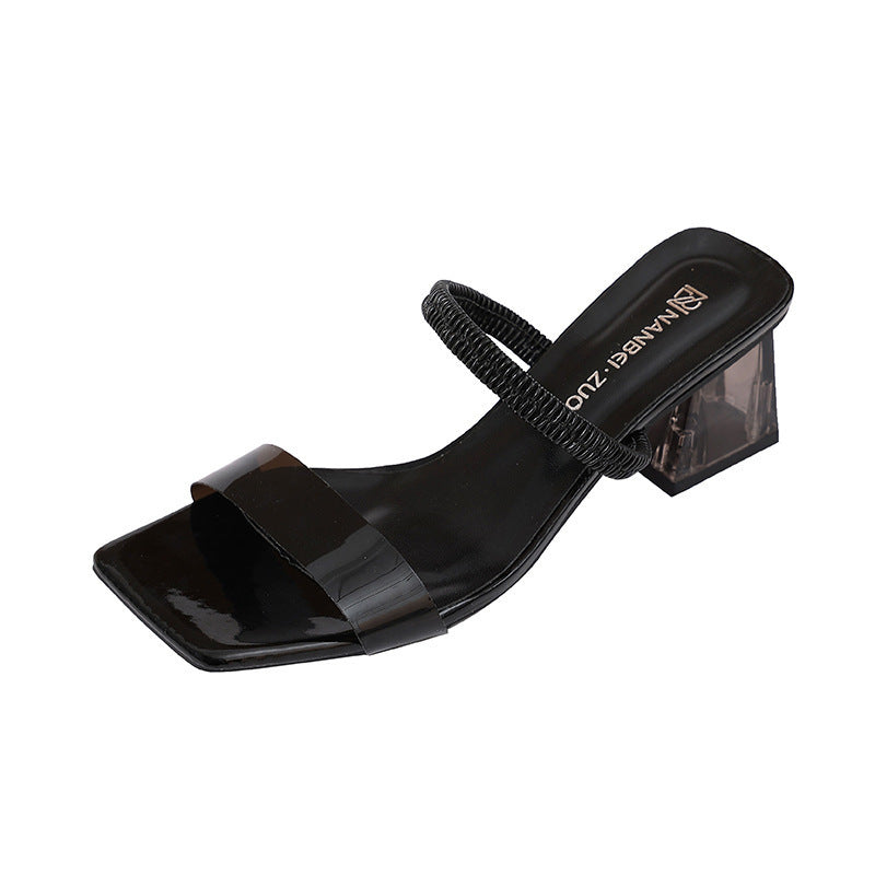Rhinestone clear chunky heel sandals women's summer 2025 new french fashion square toe open toe fairy thong sandals