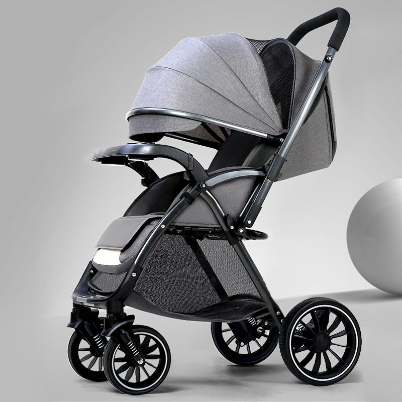 Lightweight, large-wheeled, foldable baby stroller. convertible from upright to reclined position. portable, high-view, four-wheel suspension stroller for ages 0-3 years
