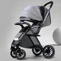Lightweight, large-wheeled, foldable baby stroller. convertible from upright to reclined position. portable, high-view, four-wheel suspension stroller for ages 0-3 years