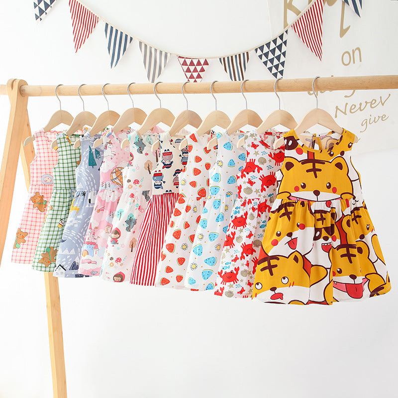 all-cotton a-line dress for girls, spring/summer sleeveless cartoon print princess dress for toddlers and young children