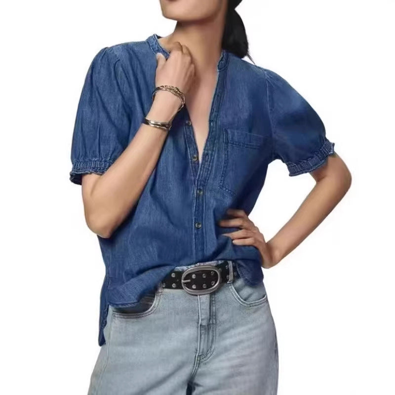 new european and american style versatile princess sleeve lightweight denim shirt casual top for women - perfect for cross-border e-commerce on  and