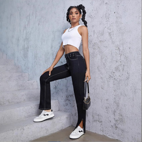 TC70055   straight wide-leg jeans women's belt elastic and thin split trousers Korean version versatile