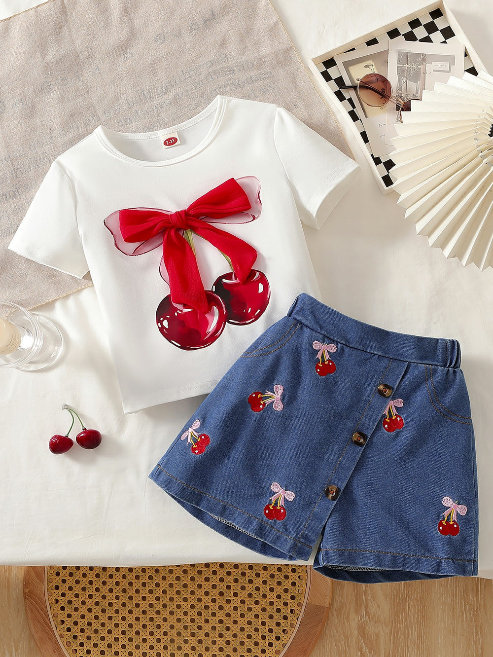 new cross-border girls' round neck 3d bow top and embroidered denim pants two-piece set