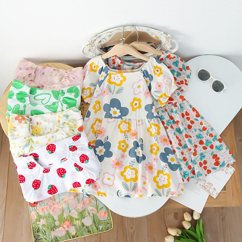 Girls' summer floral dress - trendy bubble sleeve sundress for kids - stylish cartoon print dress
