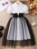 Girls' (tall) solid color short-sleeve polo collar dress with waist tie and mesh panel detail