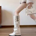 Pointed toe mid-heel hidden wedge over-the-knee boots with belt buckle detail - women's fall/winter french style suede fashion boots