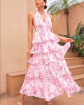 spring new arrival: european and american style women's fashionable and sexy v-neck camisole dress with multi-layered print