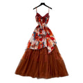 Vacation style smudged printing mesh suspender dress women's summerk-stylehigh waistelegant large swing long skirtwork clothing