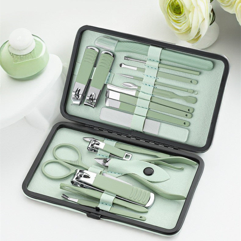 Nail clipper set - matcha green manicure & pedicure kit: includes nail clippers, cuticle nippers, eyebrow razor, nano file & more (18-piece set)