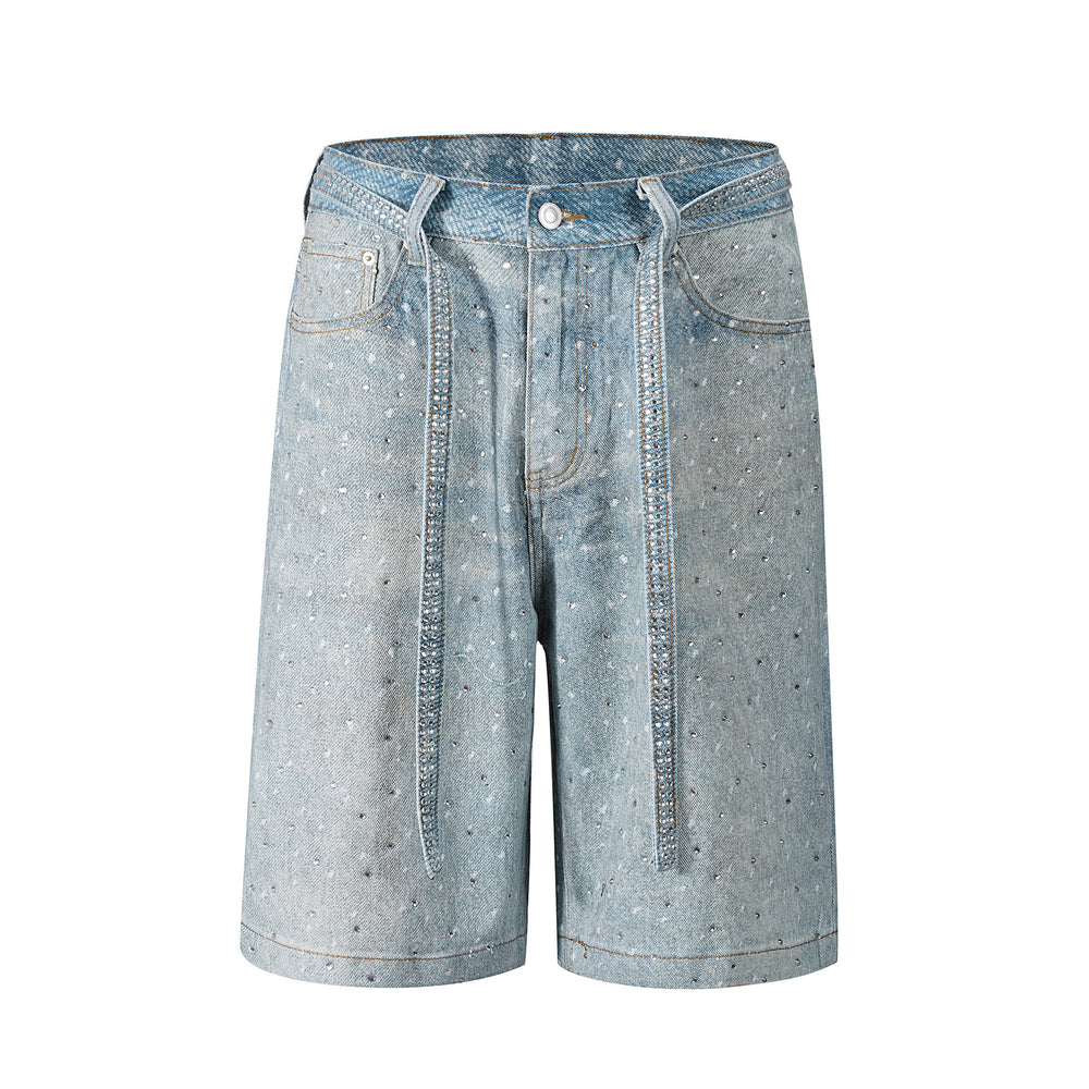 D8739  spring/summer new european and american style loose denim shorts with full hotfix rhinestone embellishments and optional belt -