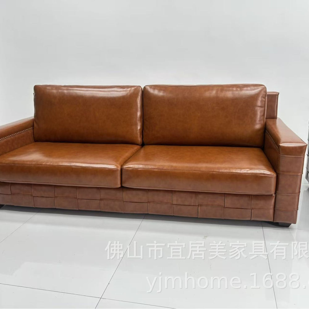 Vintage-style oiled leather checkered sofa, retro leather art sofa, designer living room straight three-seater sofa