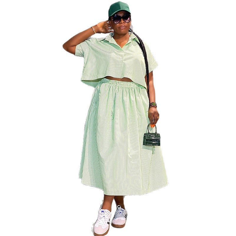 European and american cross-border african women's fashion  autumn new collection: stylish notch collar striped short-sleeve shirt and midi skirt set