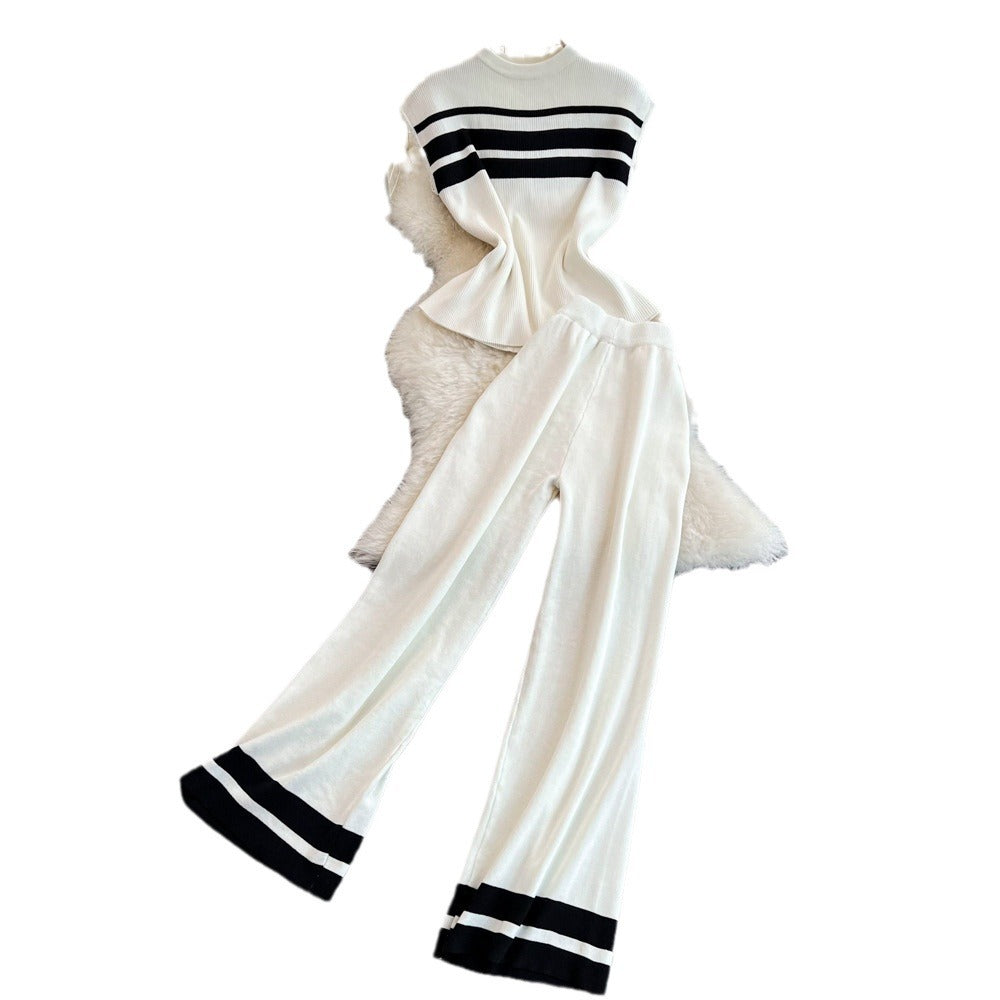 Fashionsuitfemalek-style sleevelesssilmknittingtopstwo-piece setcasualhigh waistslimming lookstraight-legloose pants