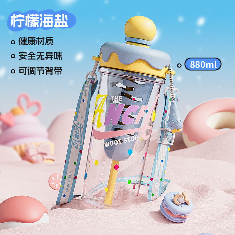 Ins style summer ice cream space water cup large capacity portable strap plastic cup tea water separation tea cup