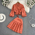 Retroelegantv neckcut outembroidered lantern sleeveshortshirt women's two-piece set high waistslimming looka-line skirt