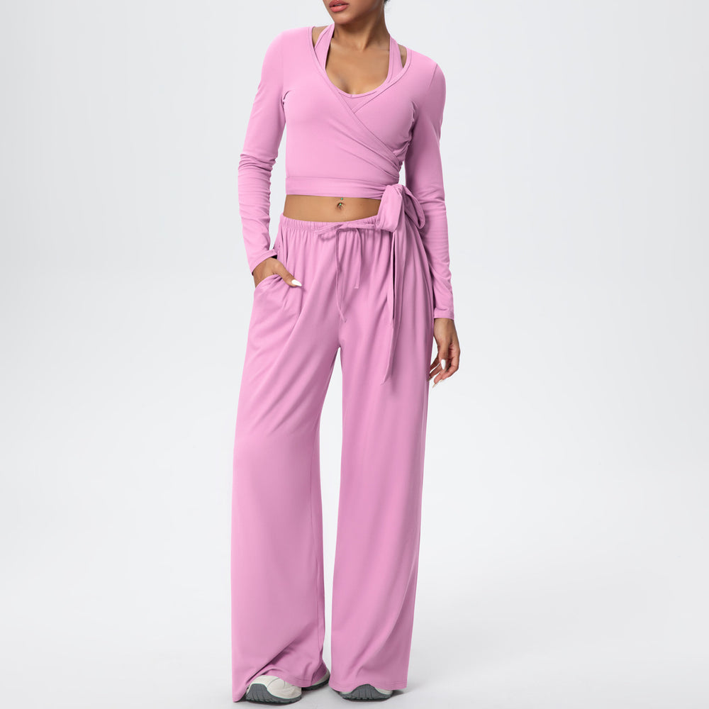 New arrival: solid color double-sided brushed fleece drawstring long-sleeve tank top three-piece set - perfect for sports, running, fitness, and yoga