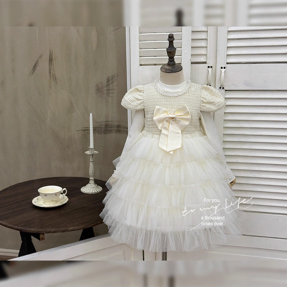 Girls' dress  autumn new style elegant formal dress bowknot mesh skirt flower girl princess dress birthday outfit