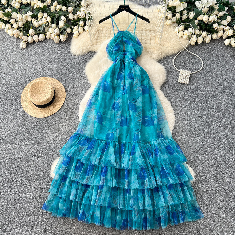 Vacation style halter sleeveless printingdress women's spring summer breathable layered mesh cake skirt slimming look long skirt
