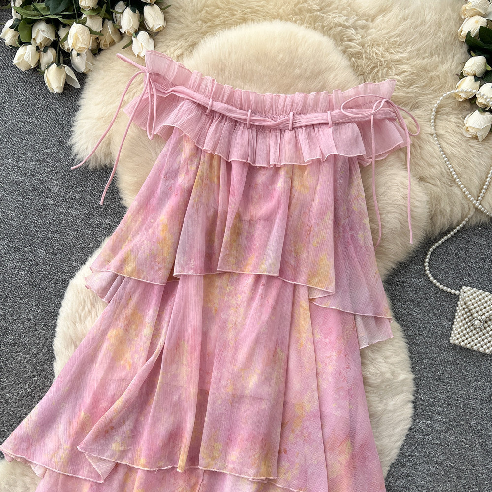 French riviera style pink ruffle cake dress - sleeveless off-the-shoulder a-line summer dress - stunning and unique design