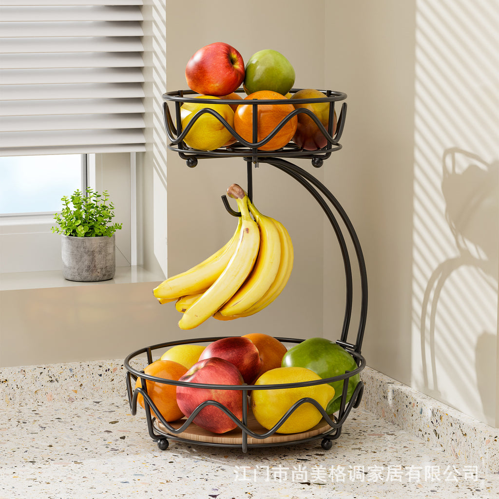 wrought iron fruit basket wooden bottom snack storage fruit plate banana hook round removable fruit and vegetable storage basket