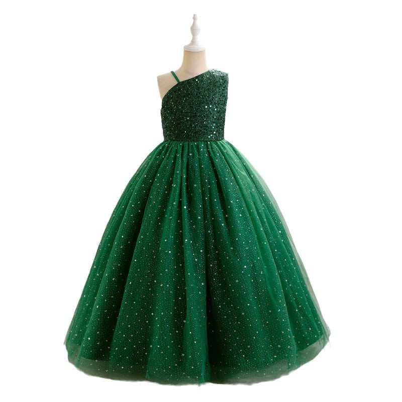 European and american style girls' evening gown - high-end, elegant, long, mesh tutu skirt, off-the-shoulder, sequin embellished, customizable, hot seller