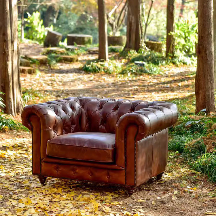 American classic retro genuine leather sofa - perfect for living rooms, small to large apartments, cigar rooms, private wine cellars, wineries, and mid-century modern styles