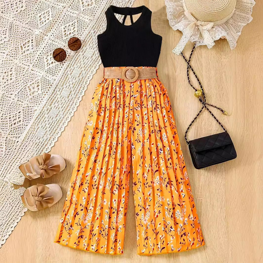 european and american style cross-border girls' solid color tank top + wide-leg pleated pants set with belt for older girls