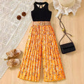 european and american style cross-border girls' solid color tank top + wide-leg pleated pants set with belt for older girls