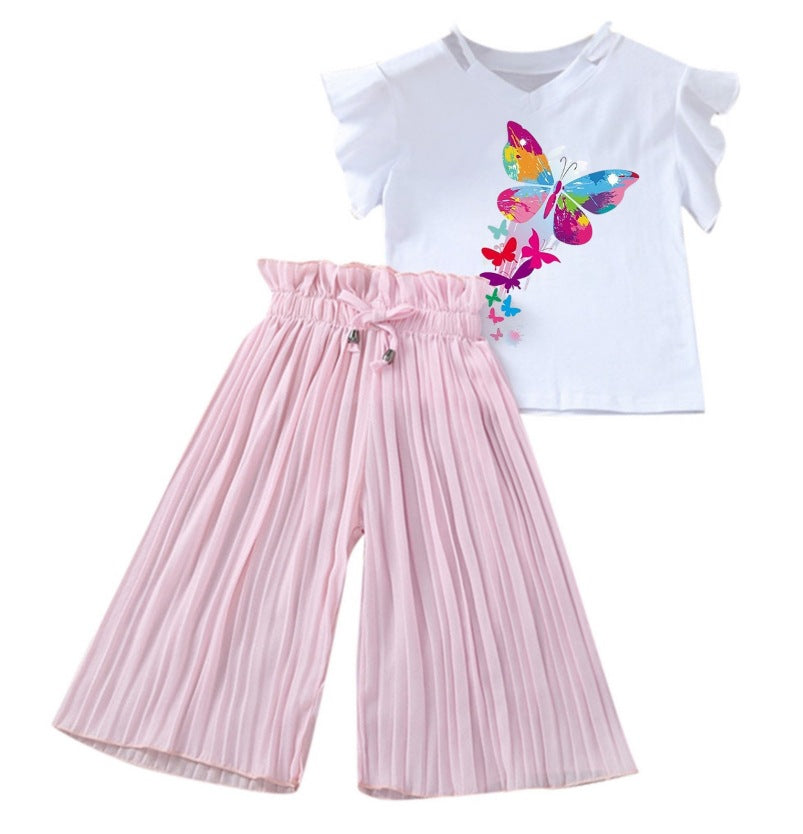 summer new arrivals: girls' letter print flutter sleeve top & wide-leg pants two-piece set (sizes 4-14y)