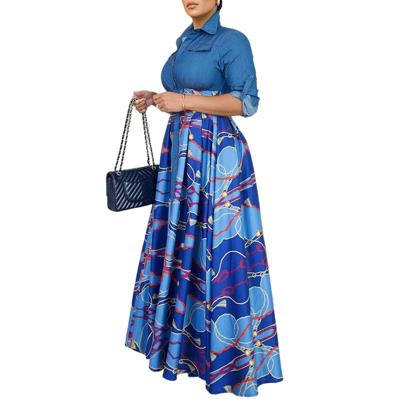 Q097 independent station  foreign trade women's fashion casual elegant printed turn-down collar shirt dress cross-border dress