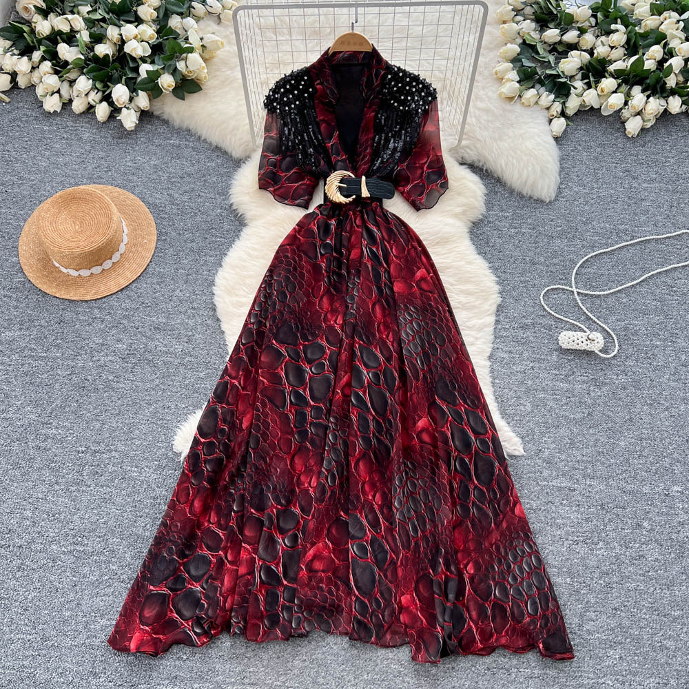 European and american fashion light luxury diamond-embellished tassel v-neck tie-waist printed maxi dress - slimming, elegant, and flowy