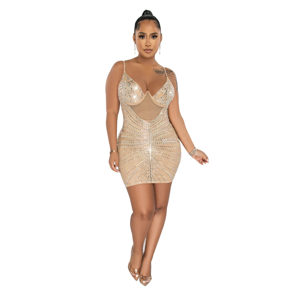 C6257 cross-border   fashion women's rhinestone mesh cami sleeveless mini dress
