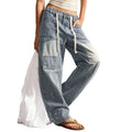 Fashionjeans women's patchwork patch splash ink wide-leg jeans high waist drawstring loosestraight-legcasualpants