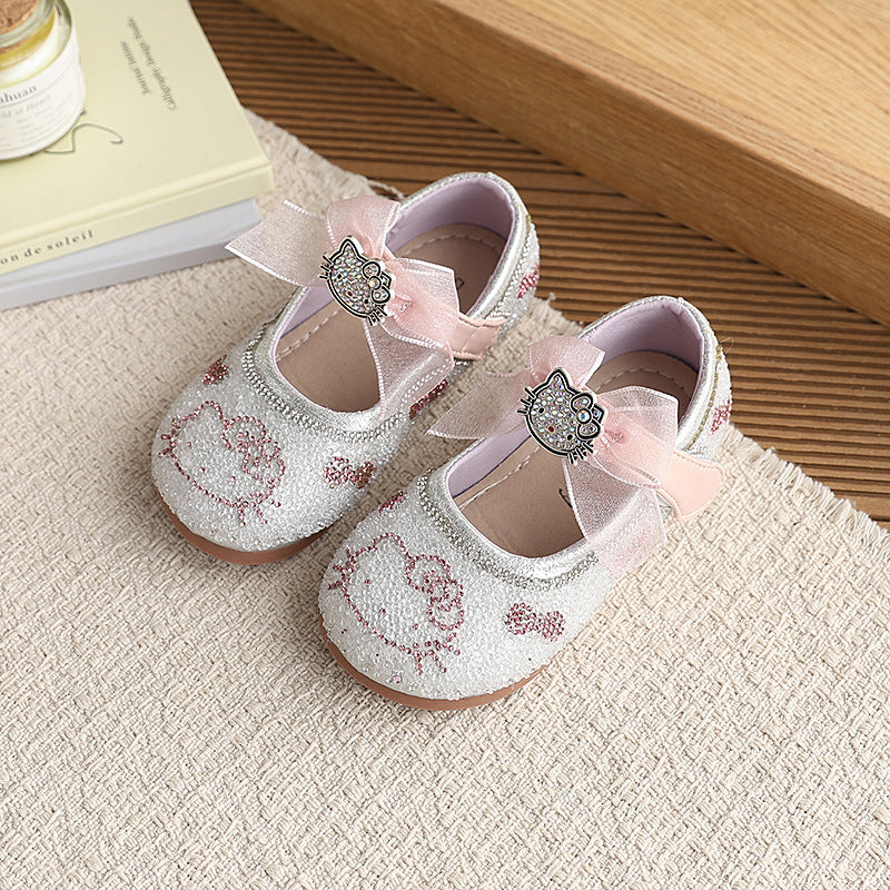 Vancahao girls' fashion rhinestone bow princess shoes, new  children's cartoon performance shoes, leather shoes