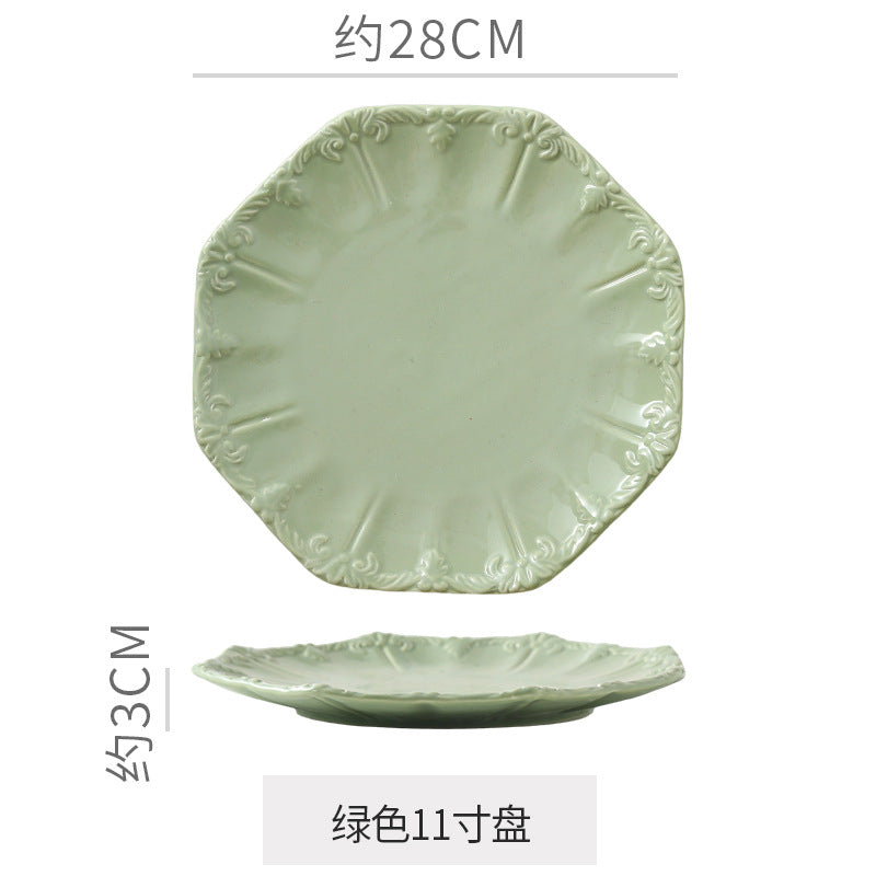 Embossed retro ceramic dinnerware set - french style, high-end steak plates, dessert plates, and salad bowls for home use