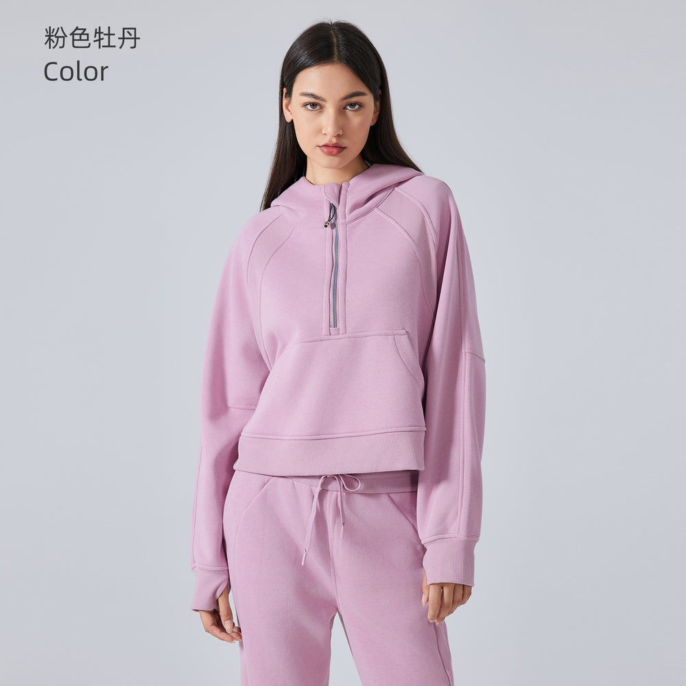 Fall and winterfleece-linedheattech yoga wear half-zip hooded sweatshirt outdoor fitness loose sports tops women's daw139