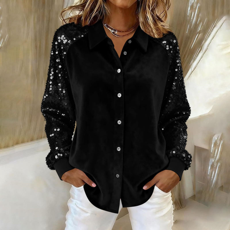 new arrival: gold velvet patchwork sequin long-sleeve shirt