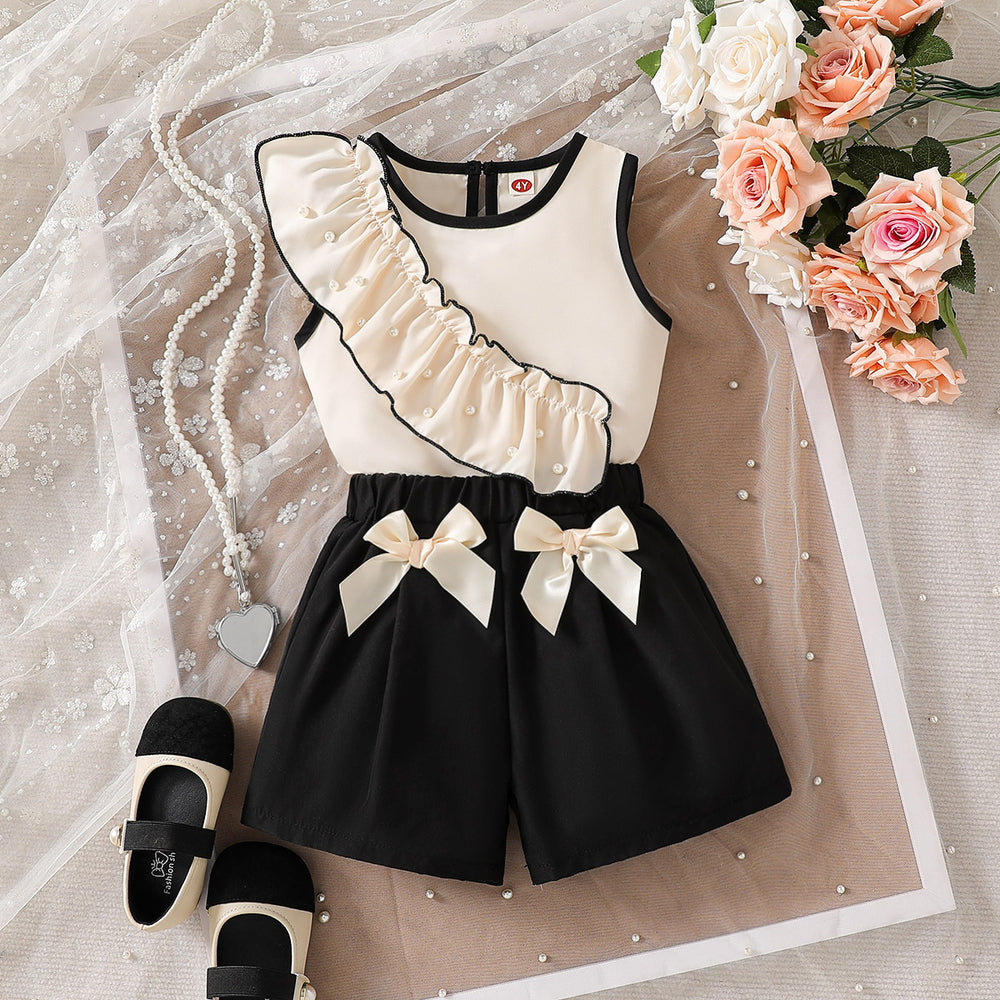 cross-border girls' fashion set: european & american style ruffle-trim top + bowknot shorts two-piece outfit