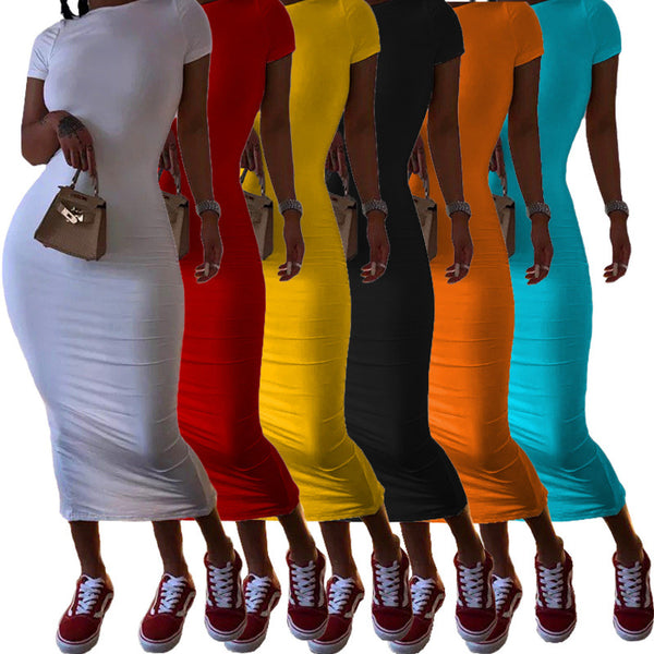 AL093  Independent Station European and American Women's Clothing Solid Color Dress Vacation Casual Long Dress Short Sleeve T-Shirt Dress Sexy