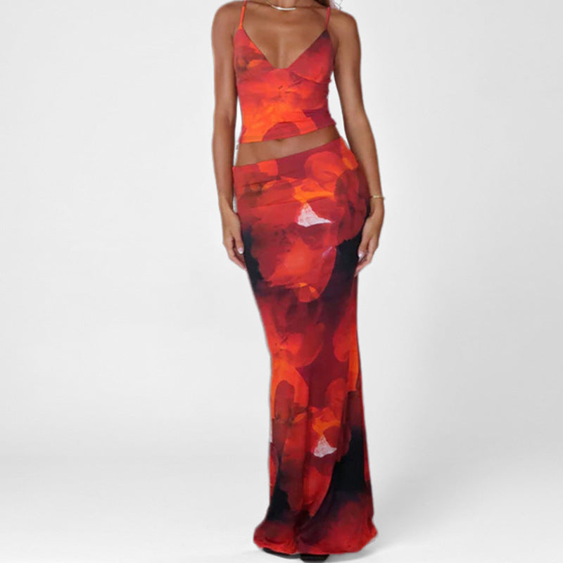 european and american cross-border women's fashion: new autumn casual versatile printed v-neck tank top and maxi skirt set