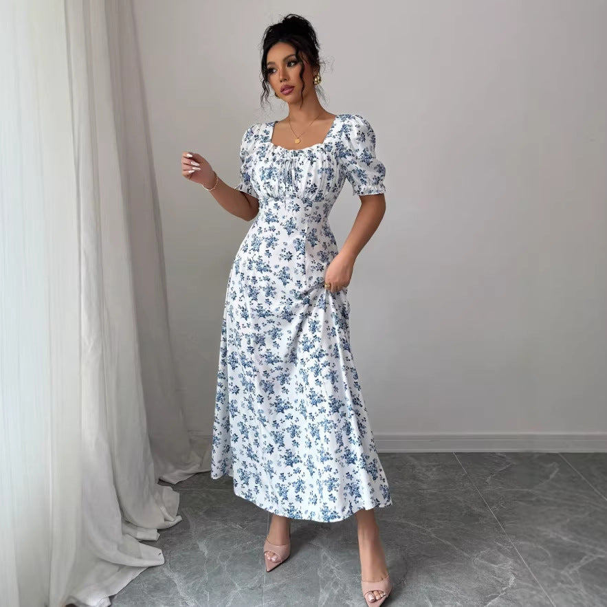 new european and american style printed v-neck summer bubble sleeve dress