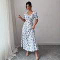 new european and american style printed v-neck summer bubble sleeve dress