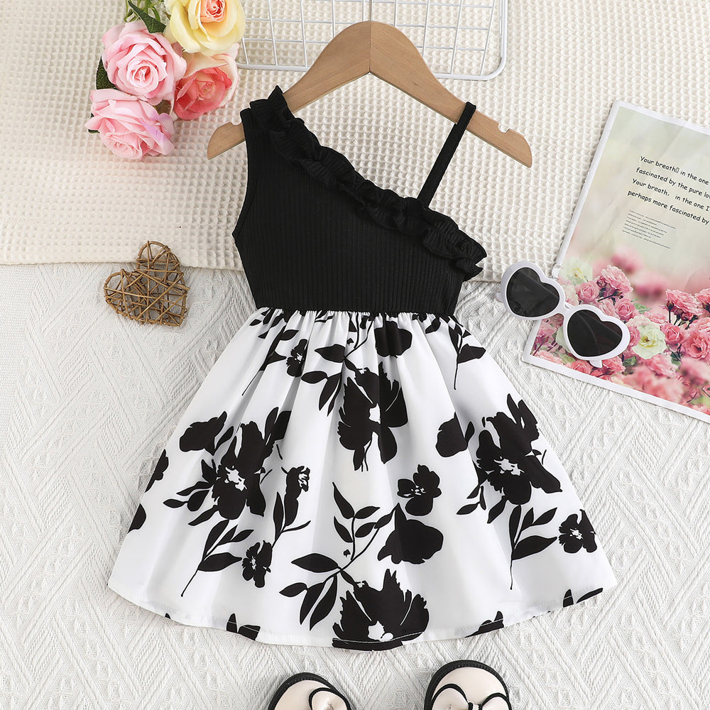 exclusive: girls' black and white print dress - sweet and adorable one-shoulder design