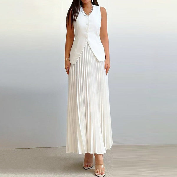 Spot 2024 European and American suit women's vest pleated skirt summer solid color high-end elegant women's clothing two-piece set