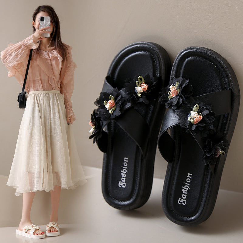 Sweet fairy style slippers women's new summer outwearfashion flower dissolving thick sole cross one-character sandals