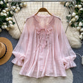 French chic lace trim v-neck tie blouse - women's long sleeve, youthful & flattering, autumn , relaxed fit
