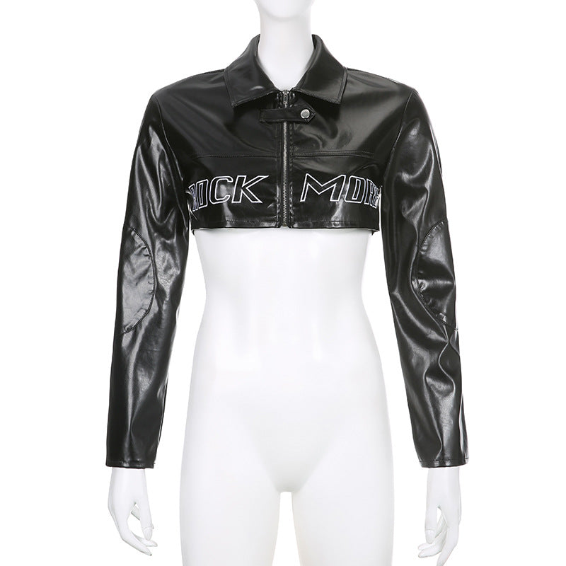 C27414 autumn and winter European and American street fashion women's clothing locomotive letter embroidery PU leather short jacket baseball jacket jacket