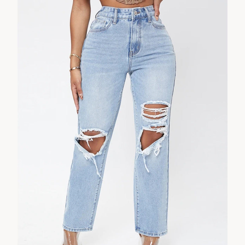 European and american women's jeans: new  street style straight-leg trousers, high-waisted, washed and distressed denim